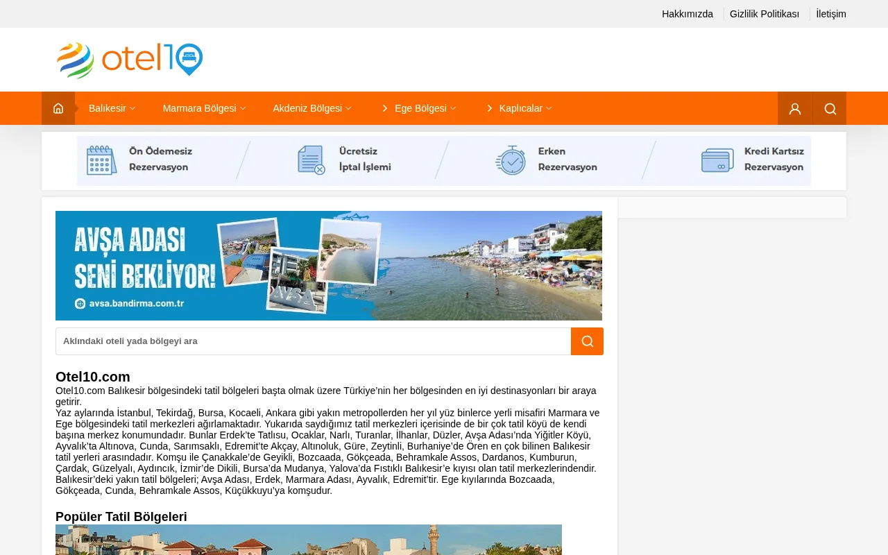 otel10.com web sitesi ekran görüntüsü - Seyahat