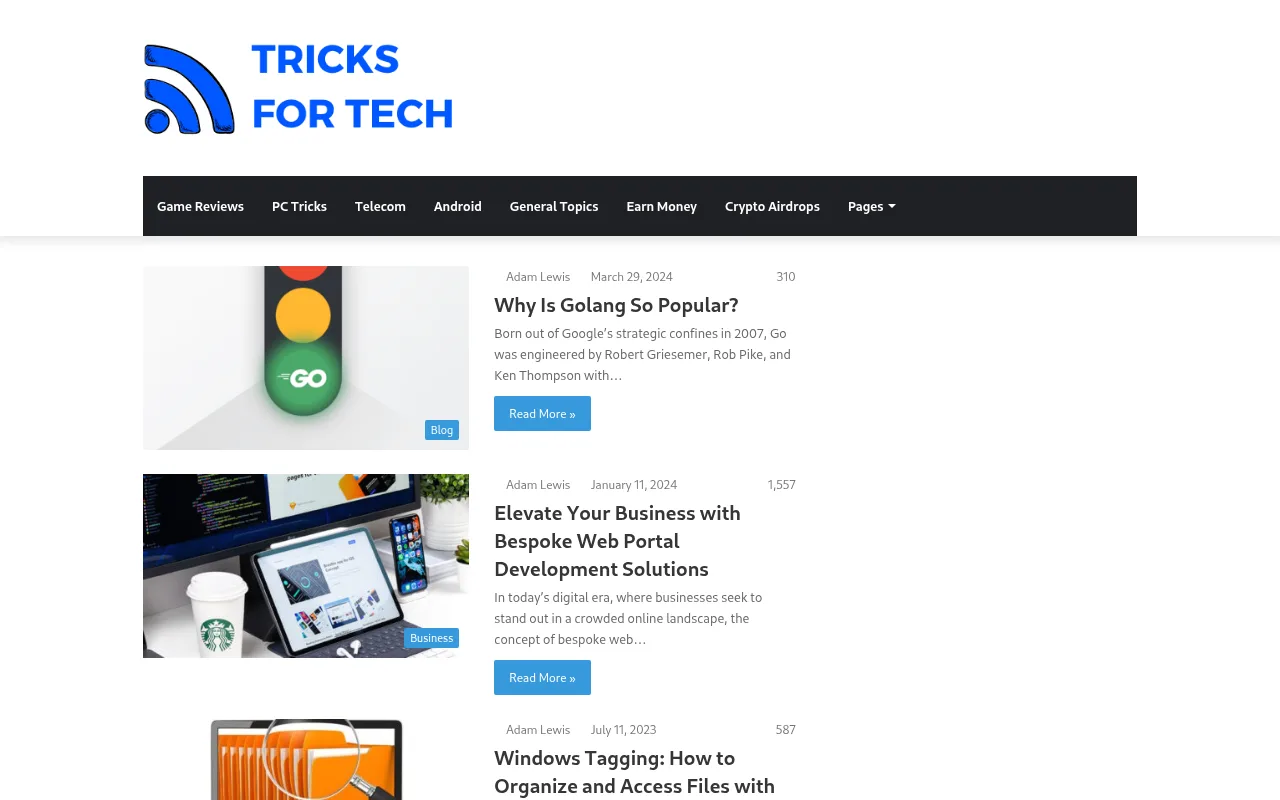 tricksfortech.com web sitesi ekran görüntüsü - Teknoloji